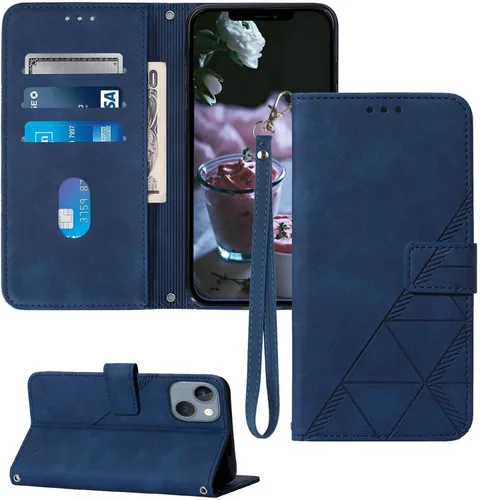 para iPhone 13/14 Funda tipo cartera, ranuras para tarjetas, correa de muñeca, interior protector de TPU, funda tipo cartera de piel sintética con