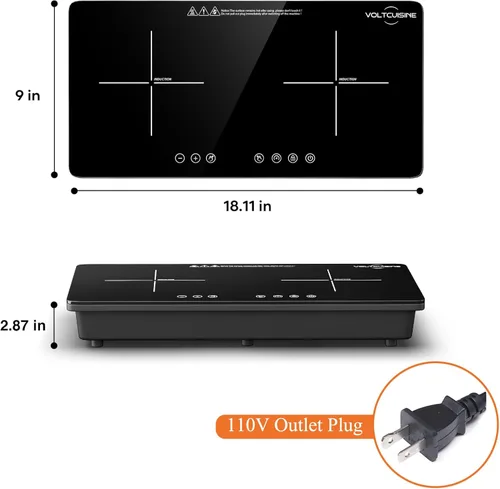 Miniatura 2 de Quemador de inducción doble de 1800 W, panel de patrón cruzado mínimo, 2 zonas de cocción de 900 W, control táctil, 8 niveles de potencia, Negro