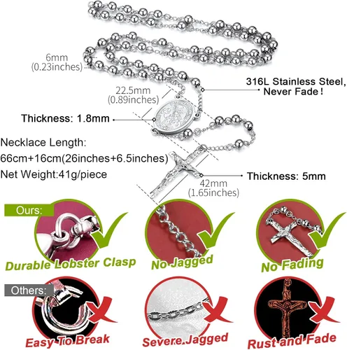 Miniatura 4 de FaithHeart Christian Rosary Bead Cross Necklace for Women Men, Stainless Steel Praying Rosary Y Necklace Jewelry, Gift Box