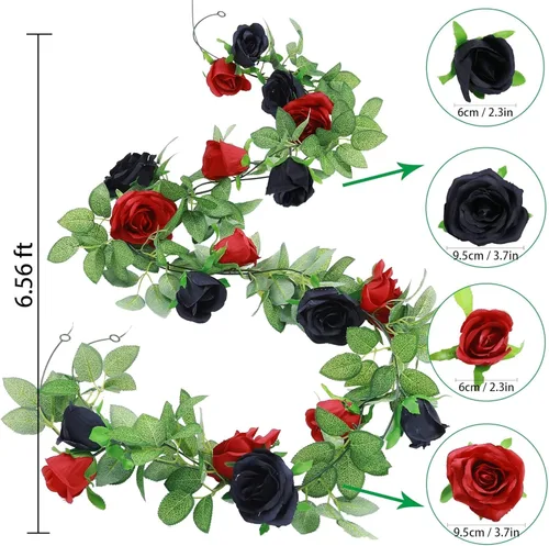 Miniatura 3 de GREENTIME - Guirnalda de flores artificiales 2 unidades, 4 metros de vid de rosas falsas, 9 cabezas de rosas, para arco de boda, centro de mesa
