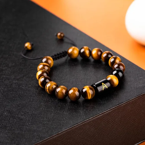 Miniatura 2 de FRG Brazalete con letra inicial del nombre, hecho a mano, las cuentas son de ónix negro u ojo de tigre, la cuerda es trenzada, un brazalete lleno