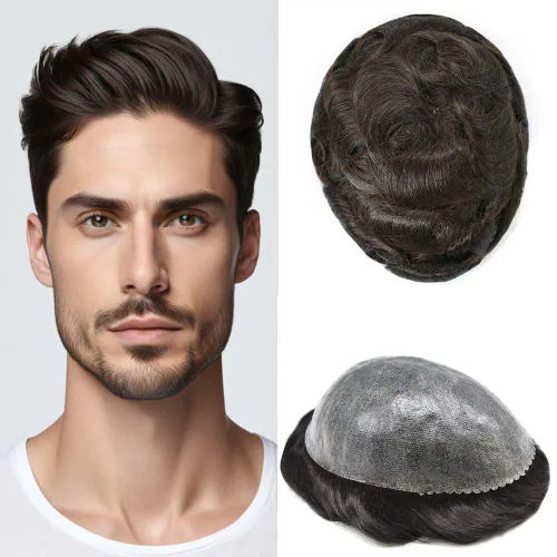 Miniatura 61 de Mens Toupee Hair System para hombres Piezas de pelo Sistema de reemplazo Poly Skin Toupee para hombres Protesis Capilar Para Hombre 6X8#1 Jet Black