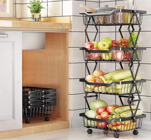 Miniatura 2 de Cestas de cocina, despensa, organizador de almacenamiento, sin necesidad de montaje, 4 niveles, plegable, de metal, plegable, cesta de frutas