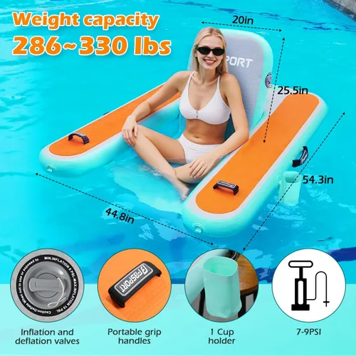 Miniatura 2 de FBSPORT Tumbona inflable para piscina para adultos, silla flotante de agua, balsa flotante de piscina con soporte para tazas y respaldo para Verde