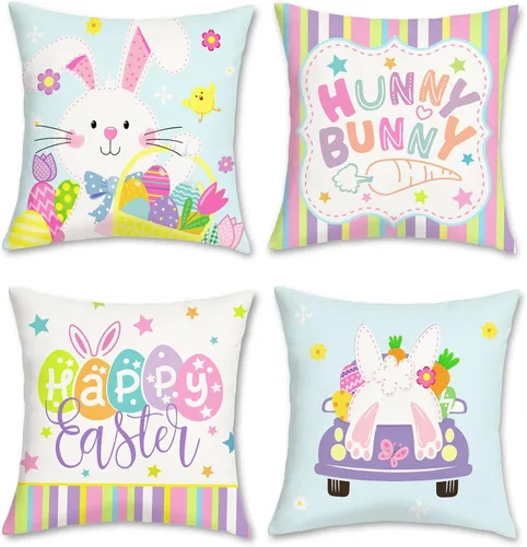 Miniatura 7 de Bonhause Juego de 4 fundas de almohada de Pascua de 18 x 18 pulgadas, decoraciones de Pascua para el hogar, huevos coloridos, conejos, conejos