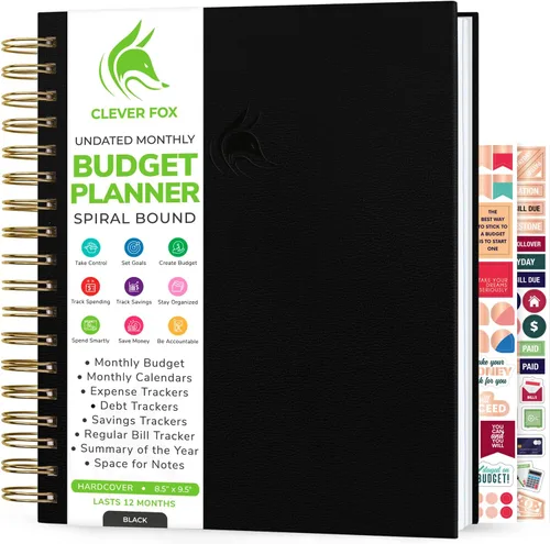 Clever Fox Planificador de presupuesto: libro de finanzas en espiral, diario financiero mensual, organizador de presupuestos y cuaderno de Negro