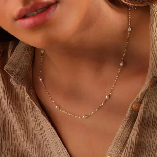 Miniatura 3 de Delicado collar de perlas chapado en oro de 14 quilates, bonito collar de perlas individuales elegante gargantilla de perlas pequeñas delicadas