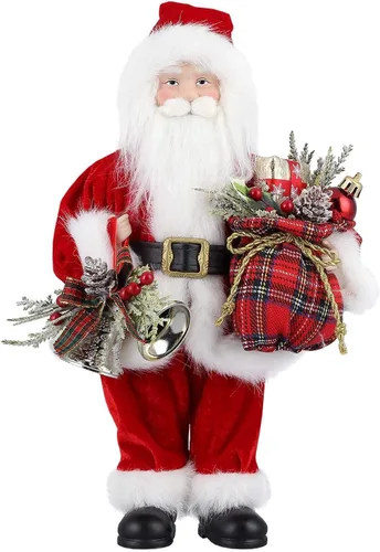 AGM Figura decorativa navideña de Papá Noel de 12 pulgadas con bolsa de regalos y 2 campanas para fiestas navideñas y decoración del hogar