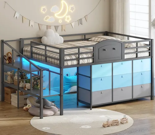 Miniatura 11 de VIAGDO Cama baja tipo loft de tamaño individual con 9 cajones de almacenamiento y luces LED, cama tipo loft de metal individual con almacenamiento