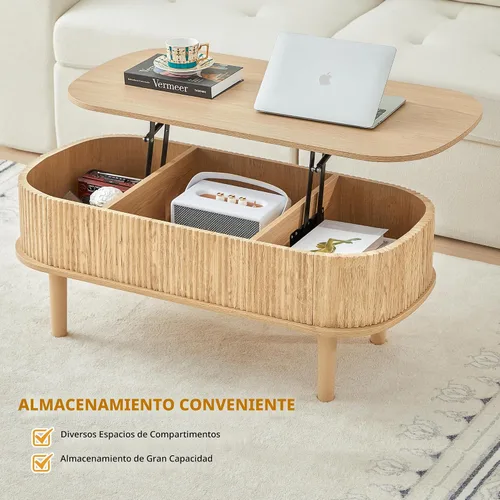 Miniatura 5 de Mesa de centro con parte superior acanalada totalmente montada con compartimento oculto, mesa central de madera, moderna mesa de elevación ovalada