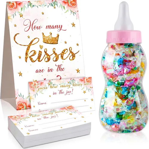 Fuutreo 52 piezas de Baby Shower Game Guess How Many Kisses Favors Incluye un biberón grande de pie con 50 tarjetas pequeñas, decoraciones florales