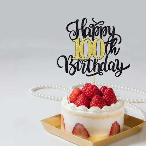 Miniatura 4 de Decoración para tarta de cumpleaños número 100, decoración de pastel de cumpleaños con purpurina negra y dorada, suministros de decoración de 100