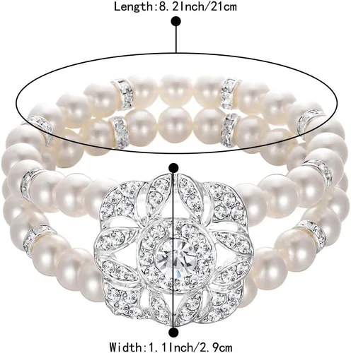 Miniatura 6 de BriLove Pulsera elástica vintage con halo de doble hilera de perlas de imitación de cristal para boda para mujer