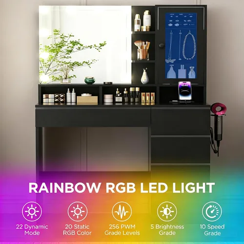 Miniatura 4 de ERLEJIA Escritorio de tocador con espejo de luces LED, mesa de maquillaje con toma de corriente para mujeres y niñas, escritorio de maquillaje