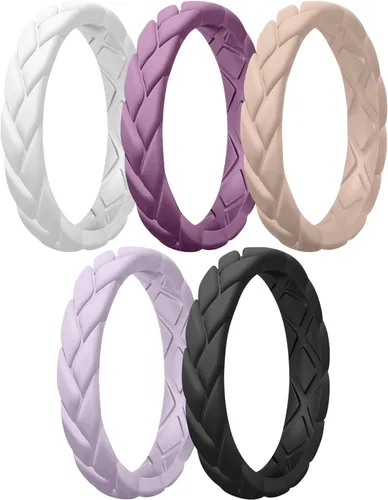 Miniatura 133 de Egnaro Anillos de boda de silicona para ella, conjuntos de novia de goma para mujer, bandas finas, diseño trenzado de hojas apilables con ranuras