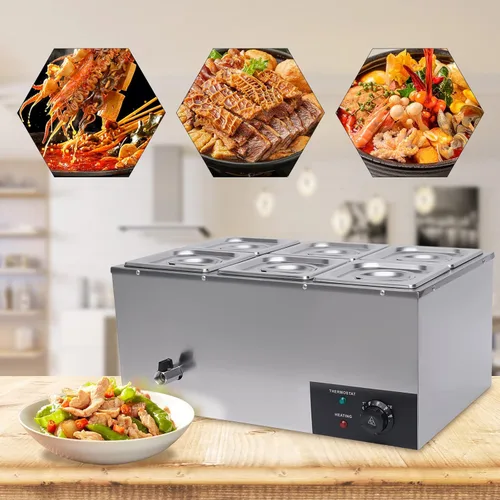 Miniatura 2 de Calentador de alimentos comercial de 6 bandejas con tapas, mesa de vapor eléctrica para calentar alimentos, 600 W, servidores y calentadores 6 Pan#2