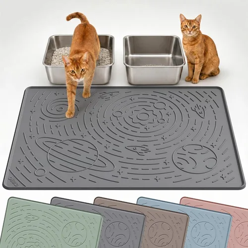 Miniatura 8 de OHMO Tapete de arena para gatos mediano de 23.6 x 15.7 pulgadas, goma de silicona beige, control de dispersión para caja de arena para gatitos