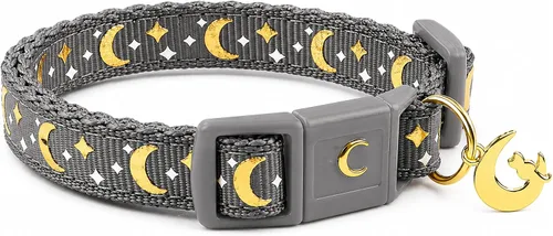 Miniatura 15 de waaag - Collar de seguridad para gato, con diseño de lunas y estrellas doradas, brilla en la oscuridad