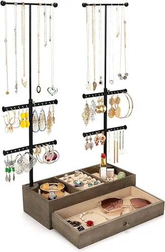 Emfogo- Organizador de joyas básico de madera con cajón, caja de almacenamiento con varillas dobles y soporte tipo árbol de 6 niveles pexhibición de