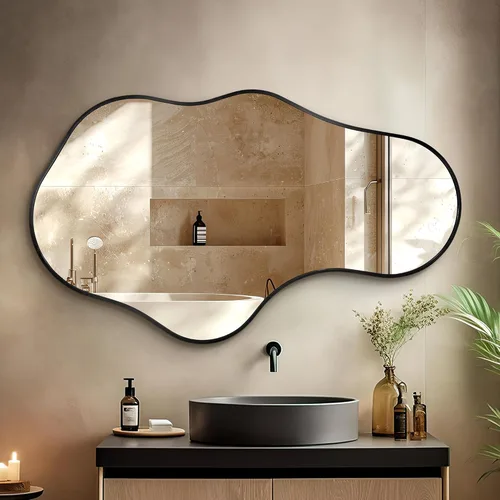 Miniatura 18 de Dorlicecass Espejos de baño para sobre el fregadero, espejos de pared largos decorativos de 20 x 36 pulgadas, marco asimétrico abstracto de aleación