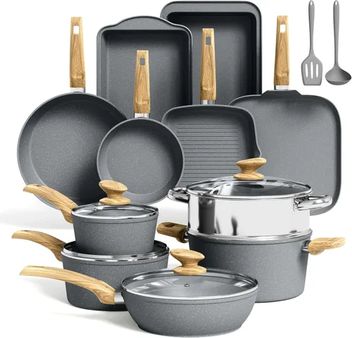 Kitchen Academy Juego de ollas y sartenes de granito antiadherentes, juego de utensilios de cocina antiadherentes de 17 piezas, juego de sartenes de