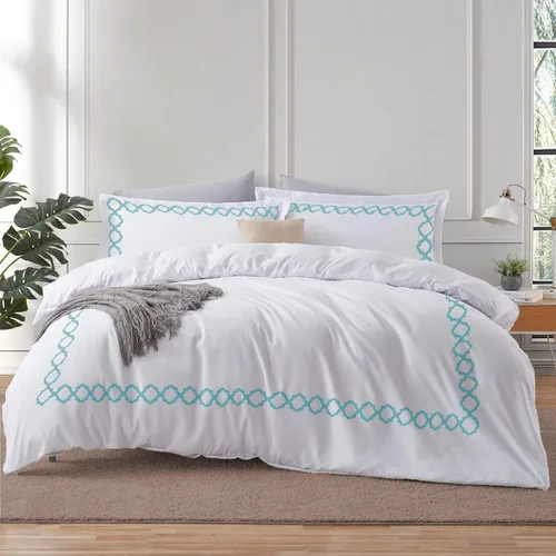 Miniatura 26 de BedDecor: Enchanted Oasis - Juego de funda de edredón de 3 piezas de 600 hilos de algodón egipcio con bordado de cuadrifolio, ultra suave