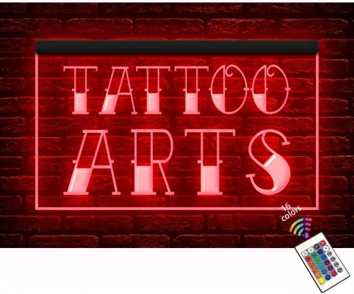 100028 Tattoo Arts Piercing Shop Studio - Letrero de neón con luz LED abierta (12 x 8 pulgadas, 16 colores por control remoto)
