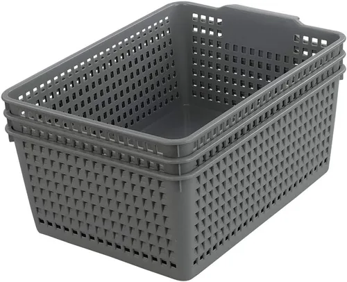 Gloreen Paquete de 3 cestas de almacenamiento de plástico grandes, cesta de almacenamiento multiusos para organizador, color gris