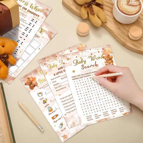 Miniatura 2 de Sherr 320 juegos de baby shower de oso marrón: 6 juegos, 50 hojas cada uno, 20 lápices, incluye descripciones, deseos, adivina quién, bingo