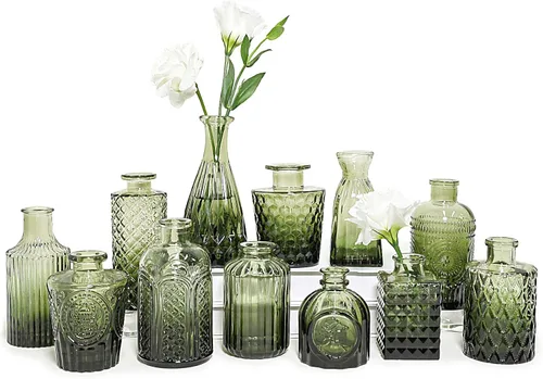 SUPMIND Juego de 12 jarrones de cristal, pequeños jarrones de flores verdes para centros de mesa a granel, mini jarrón vintage para boda, hogar,