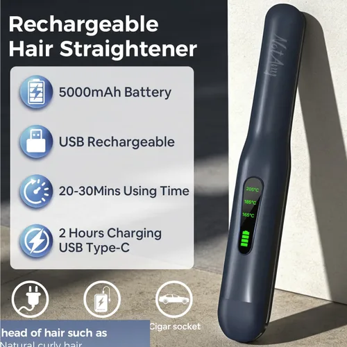 Miniatura 7 de Alisador de pelo inalámbrico, alisador de pelo portátil, alisador de pelo de viaje de doble voltaje, alisador y rizador 2 en 1, carga rápida USB-C