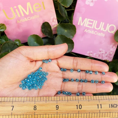 Miniatura 4 de Briolette de 0.157 in, 1350 cuentas de cristal color aguamarina pequeñas con forma de rondelle facetado, cuentas espaciadoras de cristal