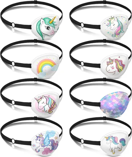 Eurzom 8 parches de tela estilo unicornio para niños, parche ajustable para un solo ojo con correa elástica, reutilizable, varios patrones,