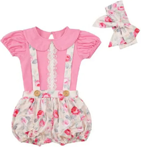 Miniatura 2 de CEREOTH Oversuits - Conjunto de ropa para bebé y niña, estampado floral, manga corta, pantalones cortos, diadema, ropa de primavera y otoño