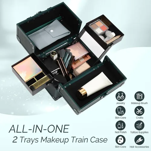 Miniatura 4 de Estuche de Maquillaje 2 Bandejas Caja Organizadora de Maquillaje Estuche de Maquillaje de Viaje Portátil con Cerradura Organizador de Almacenamiento