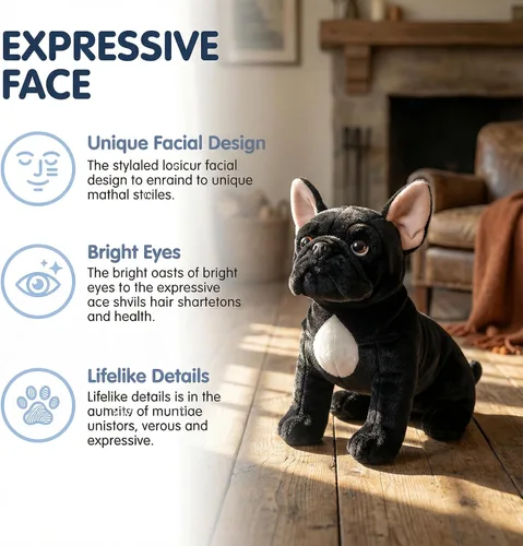 Miniatura 2 de Juguete de peluche de bulldog negro, realista de 13 pulgadas, animal de peluche de perro Bulldog negro, lindo juguete de peluche para cachorros