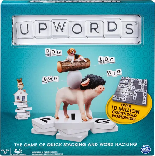 Spin Master Games, Upwords, juego de palabras clásico con azulejos de letras apilables, juego de mesa familiar, actividad de crucigramas, 1-4
