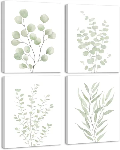 Miniatura 11 de KUVIOKE Arte botánico enmarcado bohemio para pared de plantas de baño, decoración de pared, impresiones de hojas de eucalipto verde salvia, estética