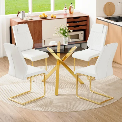 Miniatura 13 de Juego de mesa de comedor redonda para 6, juego de mesa de comedor de vidrio de 39 pulgadas con base de metal ajustable dorada en forma de X y 6