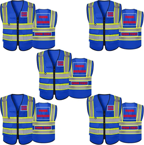 Miniatura 20 de Chaleco de seguridad reflectante de malla con logotipo personalizado Clase 2 con 5 bolsillos y cremallera Amarillo-5pack