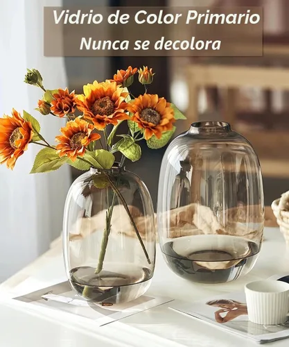Miniatura 2 de GeLive Jarrón de Vidrio Marrón Redondo Transparente Florero para Centro de Mesa, Rama de Tallo Largo, Planta Fresca y Artificial, Botella