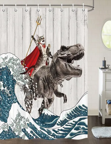 Miniatura 14 de Divertida Cortina de Ducha de Gato, Cortina de Ducha de Gato Genial con Dinosaurio y Ola Oceánica Japonesa, Cortina de Ducha Divertida de Gato