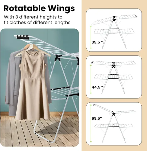 Miniatura 4 de COSTWAY Estante de secado de ropa, estante plegable de 2 niveles con alas ajustables en altura, 33 rieles de secado y clips para calcetines, estante