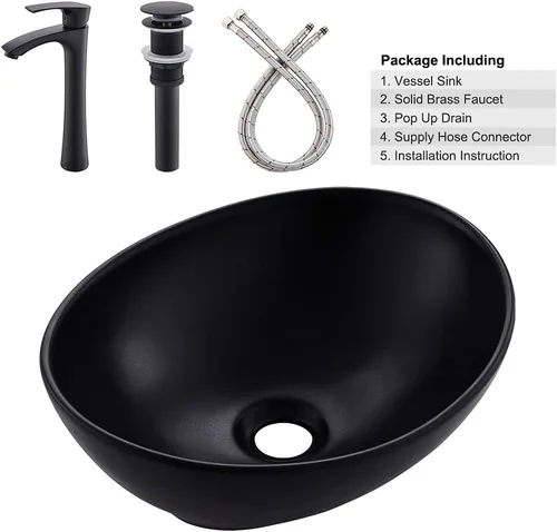 Miniatura 7 de Fregadero de recipiente negro mate de 16 x 13 con grifo y drenaje combinado, fregadero de baño ovalado de porcelana sobre el mostrador Mate negro
