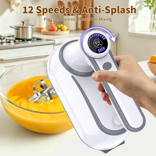 Miniatura 3 de Batidora de mano inalámbrica, mezcladora de mano eléctrica recargable de 12 velocidades con 6 accesorios de acero inoxidable 304