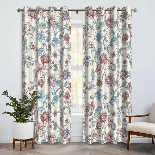 Miniatura 12 de Cortinas opacas florales bohemias azules para dormitorio, cortinas opacas botánicas de mediados de siglo de 63 pulgadas de largo, 2 paneles