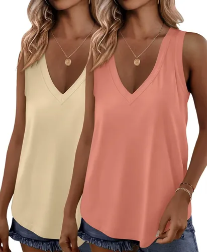 KKJ Paquete de 2 camisetas sin mangas para mujer, cuello en V, camisetas de verano sin mangas, ajuste holgado, casual, trajes de vacaciones, camisas