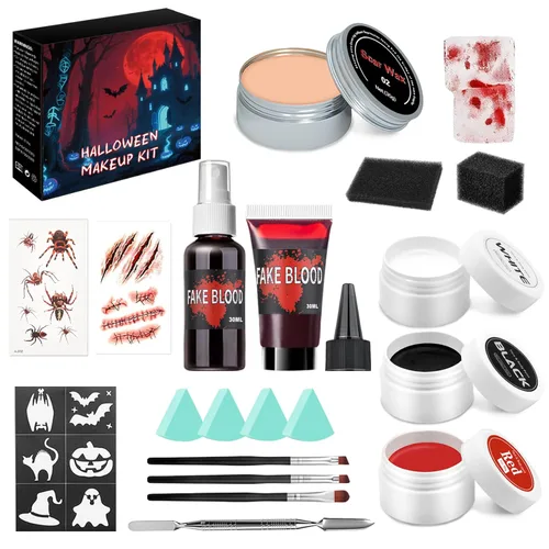 CAHIUYOA SFX - Kit de maquillaje de vampiro zombi con efectos especiales de Halloween, pintura corporal negra blanca y roja con aerosol de sangre