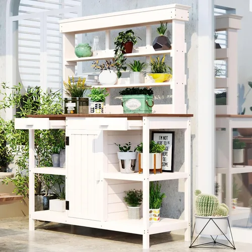 Miniatura 10 de Mesa Grande para Macetas de Exterior de 66" con 2 Cajones, Gabinete, Estantes Abiertos, Banco de Madera para Macetas para Jardín, Patio, Casa