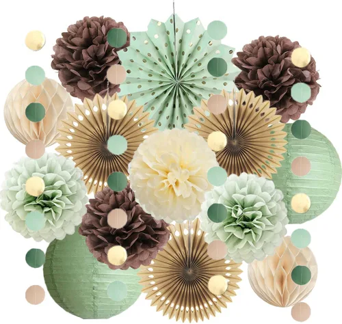 Decoraciones de fiesta verde salvia y marrón, decoraciones de baby shower, color verde salvia, beige, marrón, papel de seda con pompones para